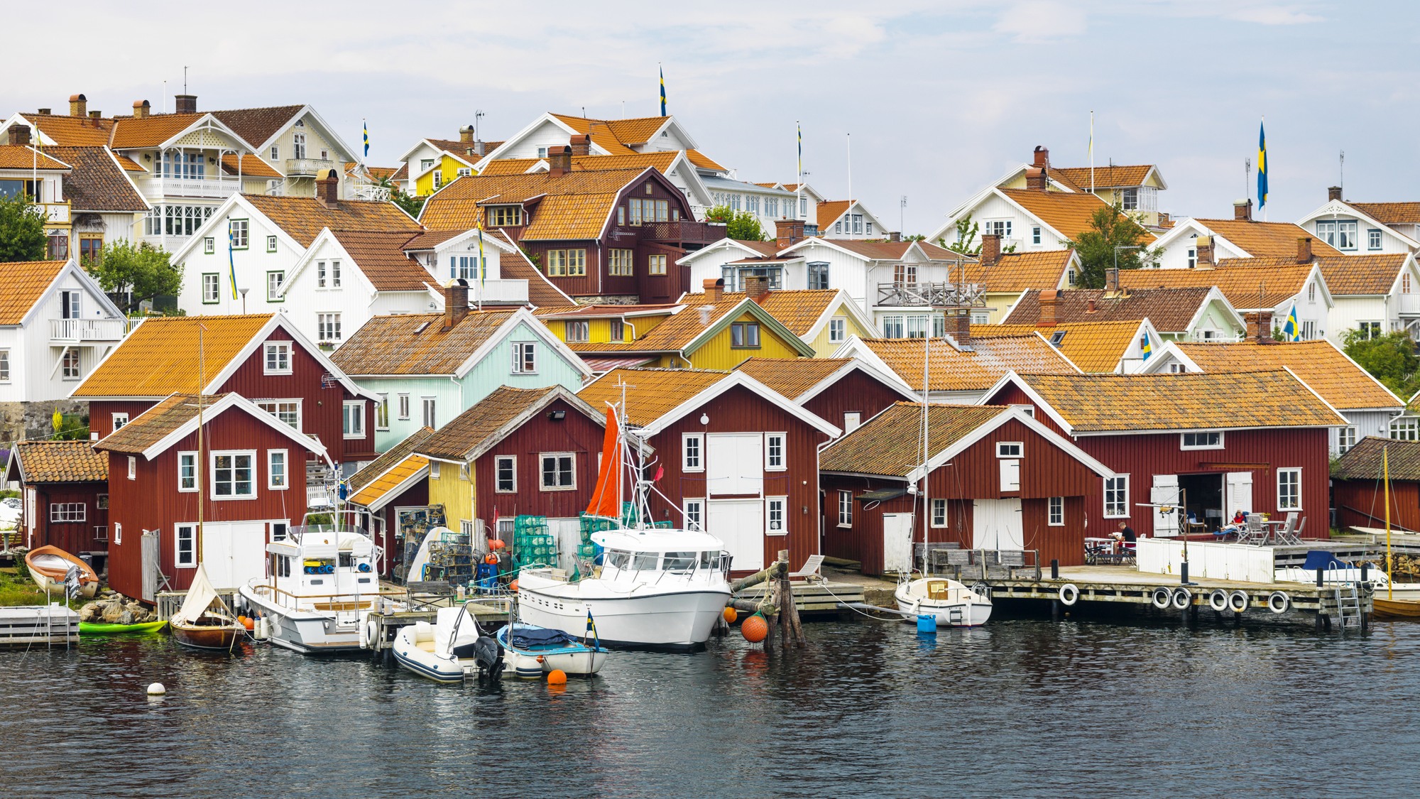 En grupp båtar ligger förtöjda i en hamn.